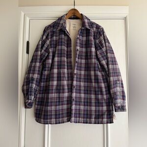 LL Bean Fleece Lined Plaid Purple Button Down Shirt Women’s Size Medium Shacket